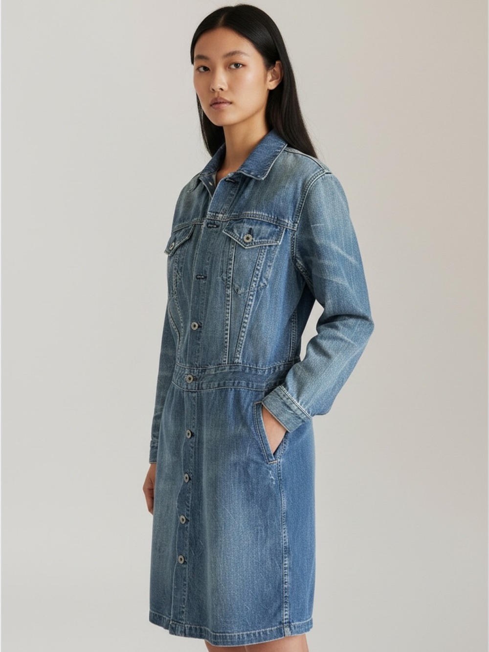 Vintage Authentic Ralph Lauren Polo Denim Button-Front Long Jacket Dress - Blue